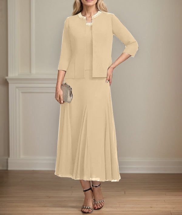 Separates A-line Scoop Tea-Length Chiffon Mother of the Bride Dress With Sequins Beading