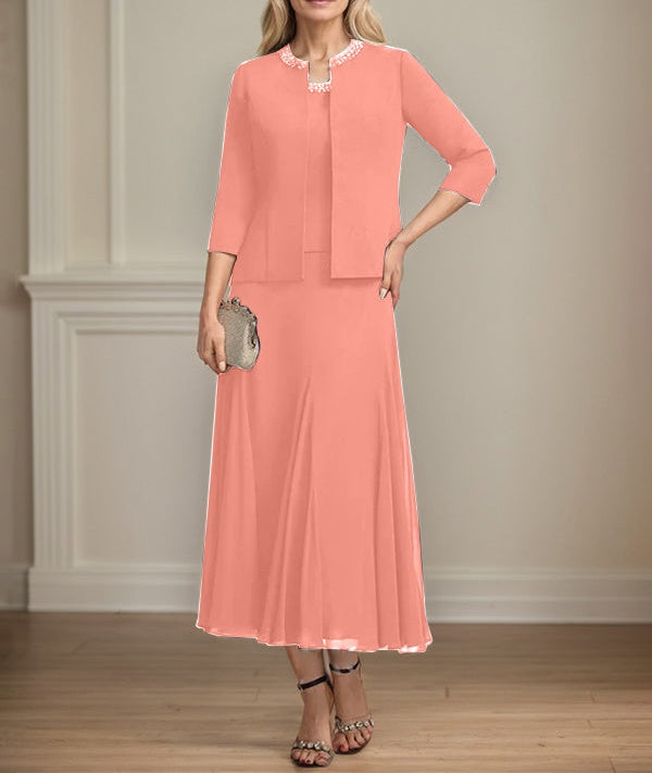 Separates A-line Scoop Tea-Length Chiffon Mother of the Bride Dress With Sequins Beading
