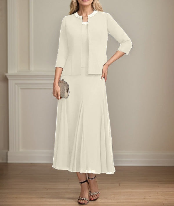 Separates A-line Scoop Tea-Length Chiffon Mother of the Bride Dress With Sequins Beading