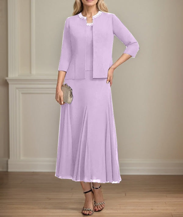 Separates A-line Scoop Tea-Length Chiffon Mother of the Bride Dress With Sequins Beading