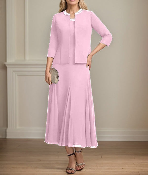 Separates A-line Scoop Tea-Length Chiffon Mother of the Bride Dress With Sequins Beading