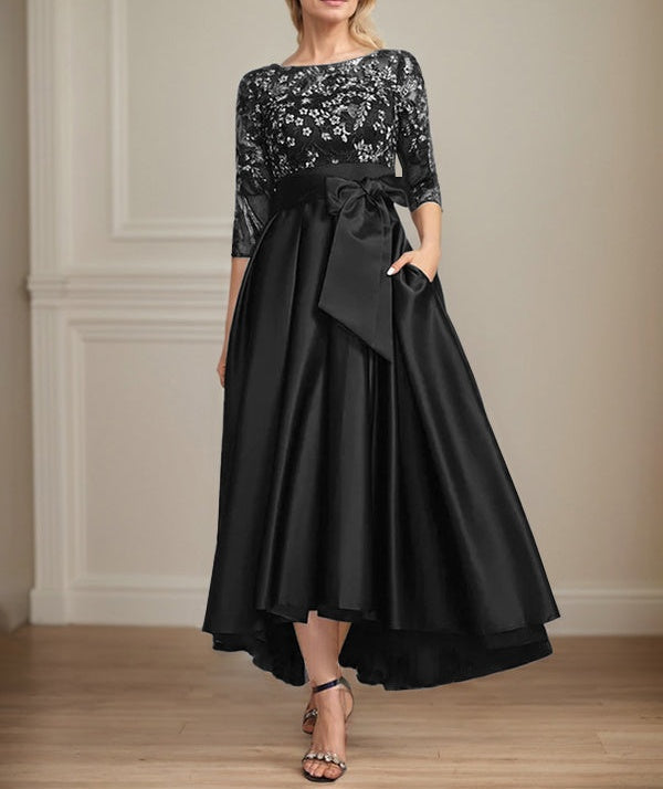 A-line Scoop Illusion Asymmetrical Satin Lace Mother of the Bride Dress With Bow