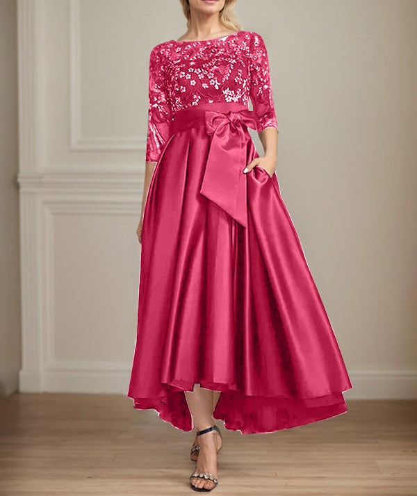A-line Scoop Illusion Asymmetrical Satin Lace Mother of the Bride Dress With Bow