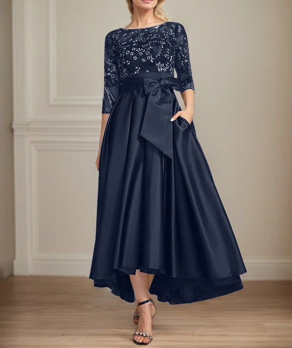 A-line Scoop Illusion Asymmetrical Satin Lace Mother of the Bride Dress With Bow