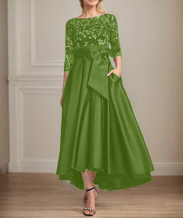A-line Scoop Illusion Asymmetrical Satin Lace Mother of the Bride Dress With Bow