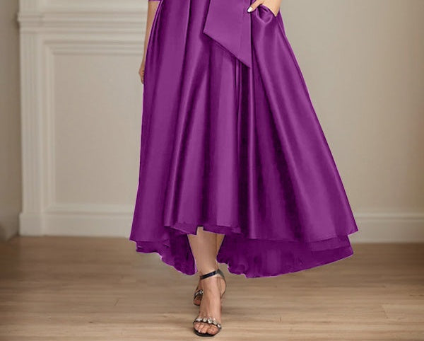 A-line Scoop Illusion Asymmetrical Satin Lace Mother of the Bride Dress With Bow