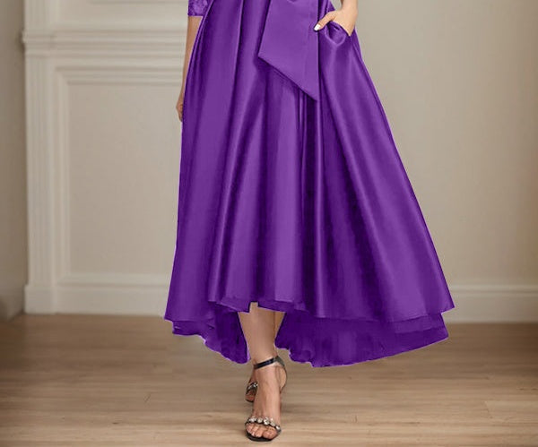 A-line Scoop Illusion Asymmetrical Satin Lace Mother of the Bride Dress With Bow