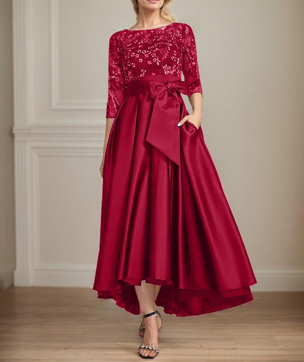 A-line Scoop Illusion Asymmetrical Satin Lace Mother of the Bride Dress With Bow