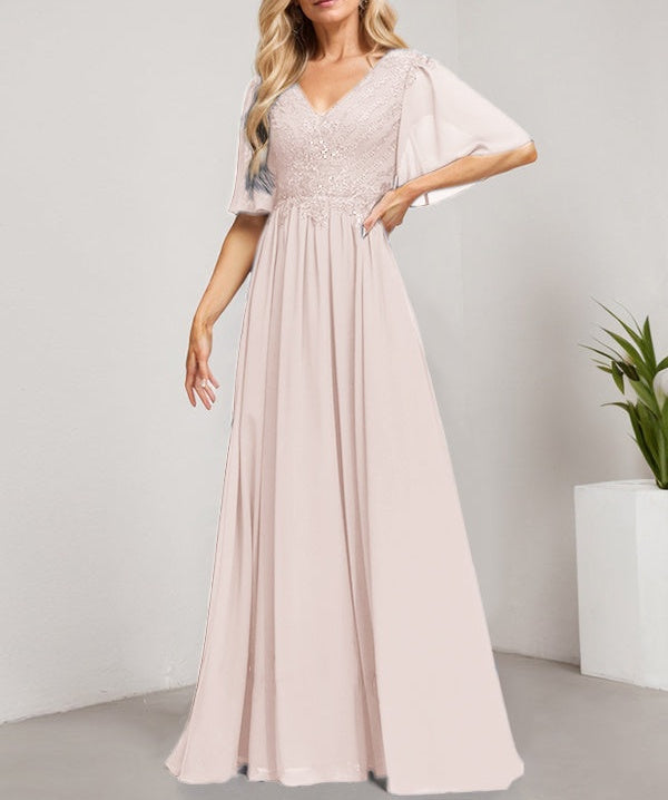 A-line V-Neck Floor-Length Lace Chiffon Mother of the Bride Dress With Sequins