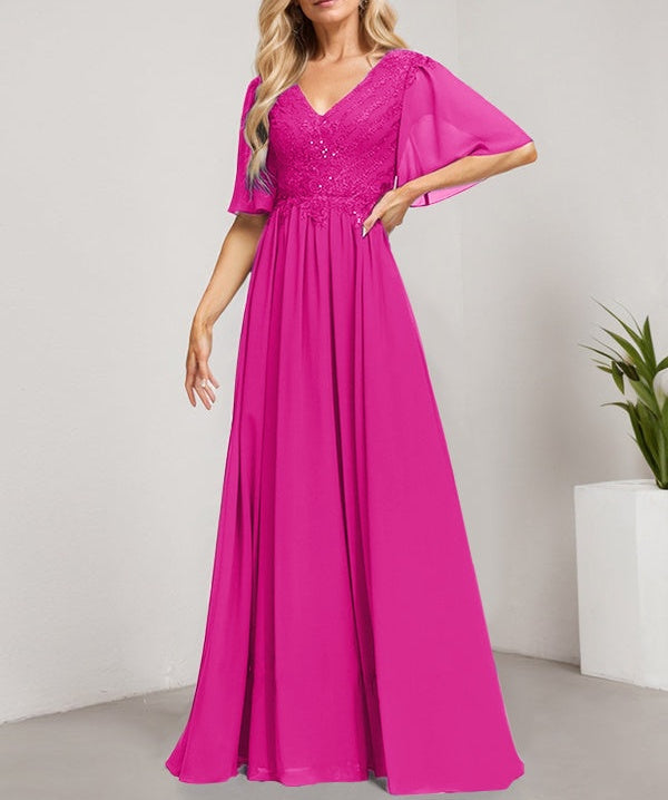 A-line V-Neck Floor-Length Lace Chiffon Mother of the Bride Dress With Sequins