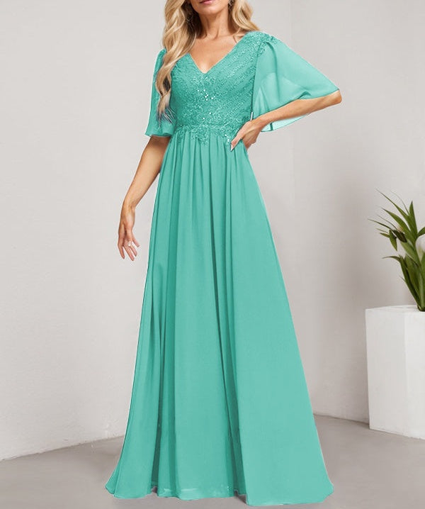 A-line V-Neck Floor-Length Lace Chiffon Mother of the Bride Dress With Sequins