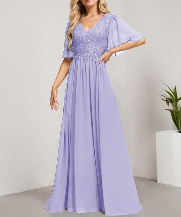A-line V-Neck Floor-Length Lace Chiffon Mother of the Bride Dress With Sequins