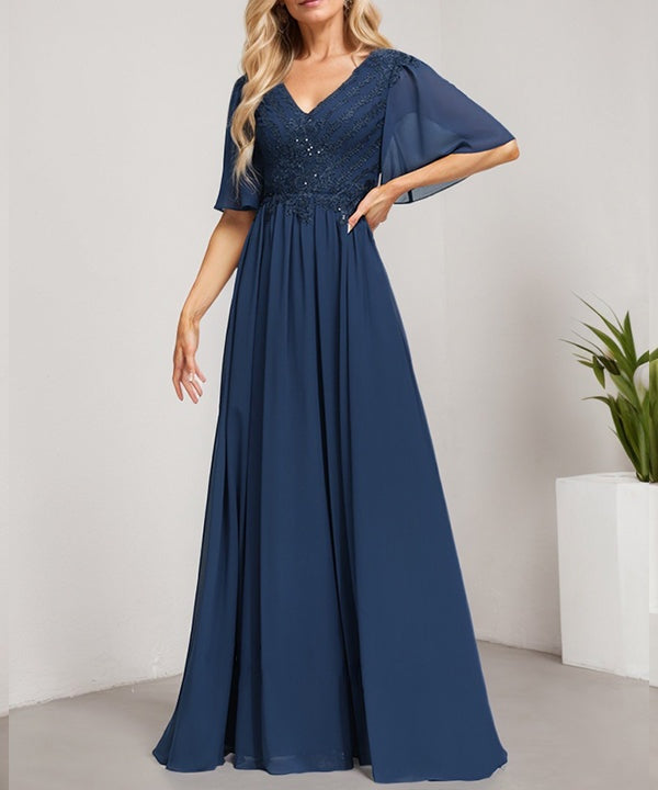 A-line V-Neck Floor-Length Lace Chiffon Mother of the Bride Dress With Sequins