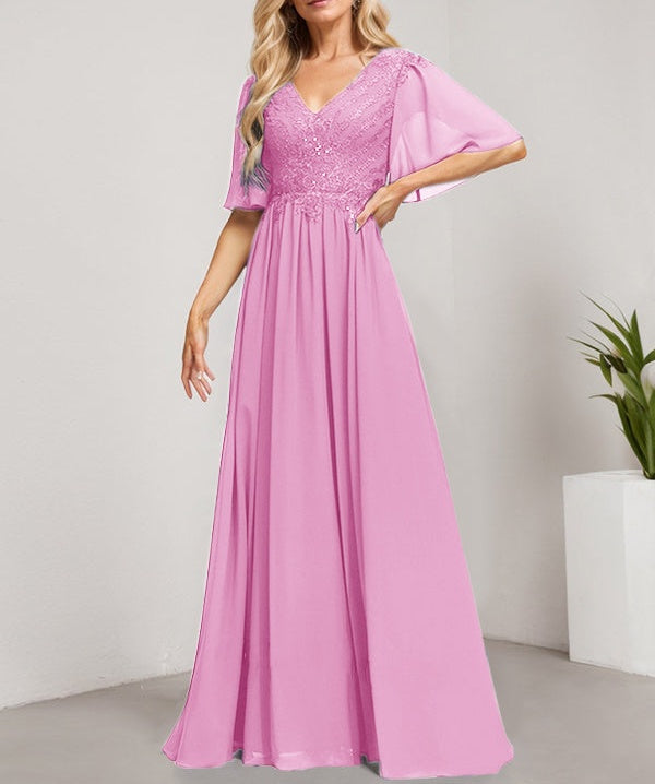 A-line V-Neck Floor-Length Lace Chiffon Mother of the Bride Dress With Sequins