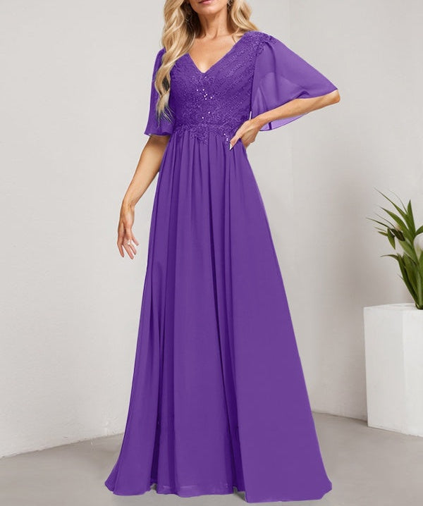 A-line V-Neck Floor-Length Lace Chiffon Mother of the Bride Dress With Sequins