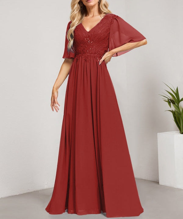 A-line V-Neck Floor-Length Lace Chiffon Mother of the Bride Dress With Sequins