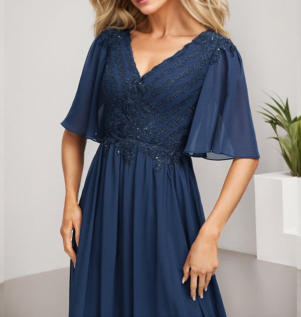 A-line V-Neck Floor-Length Lace Chiffon Mother of the Bride Dress With Sequins