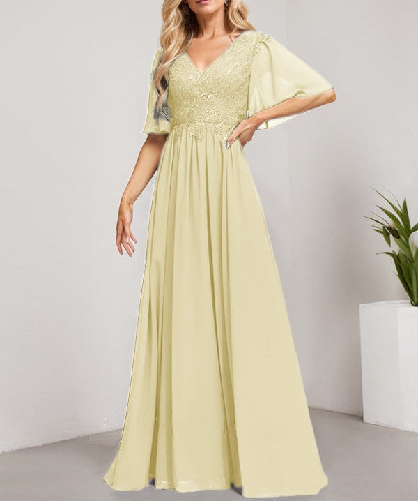 A-line V-Neck Floor-Length Lace Chiffon Mother of the Bride Dress With Sequins