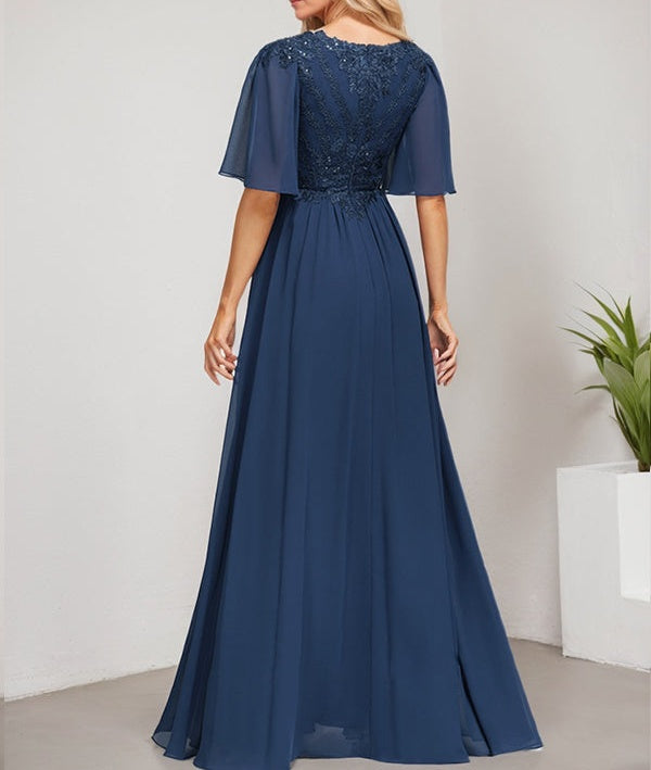 A-line V-Neck Floor-Length Lace Chiffon Mother of the Bride Dress With Sequins