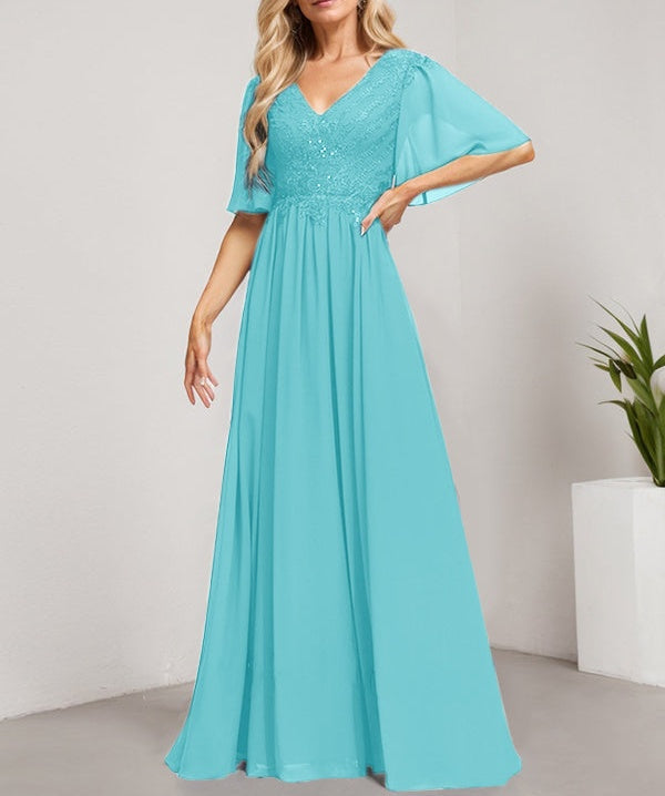 A-line V-Neck Floor-Length Lace Chiffon Mother of the Bride Dress With Sequins
