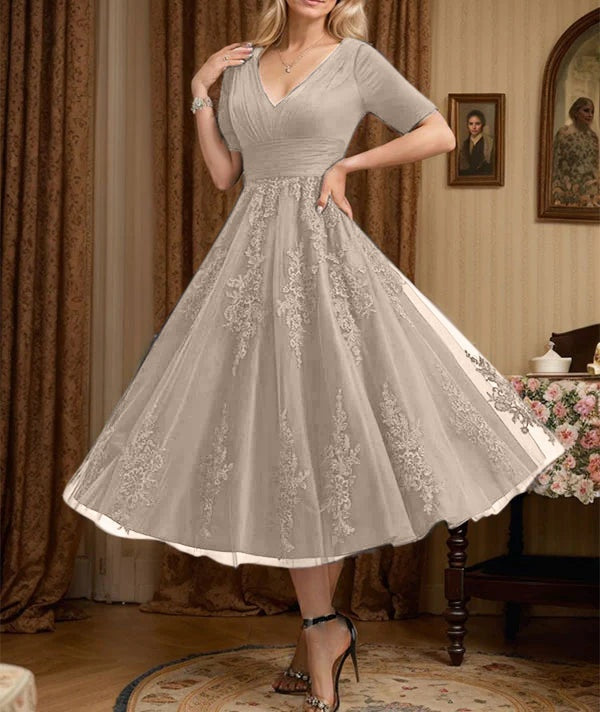 A-line V-Neck Tea-Length Tulle Lace Mother of the Bride Dress With Pleated