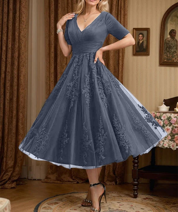 A-line V-Neck Tea-Length Tulle Lace Mother of the Bride Dress With Pleated