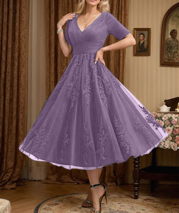 A-line V-Neck Tea-Length Tulle Lace Mother of the Bride Dress With Pleated