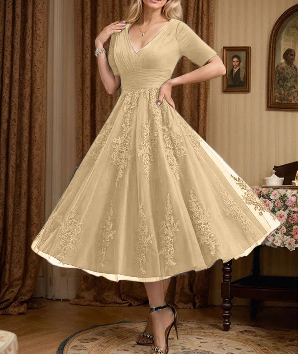 A-line V-Neck Tea-Length Tulle Lace Mother of the Bride Dress With Pleated