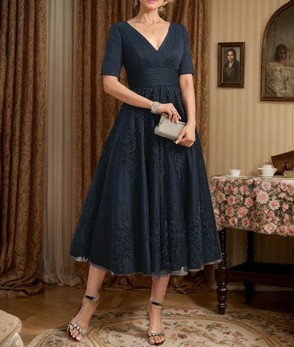 A-line V-Neck Tea-Length Tulle Lace Mother of the Bride Dress With Pleated