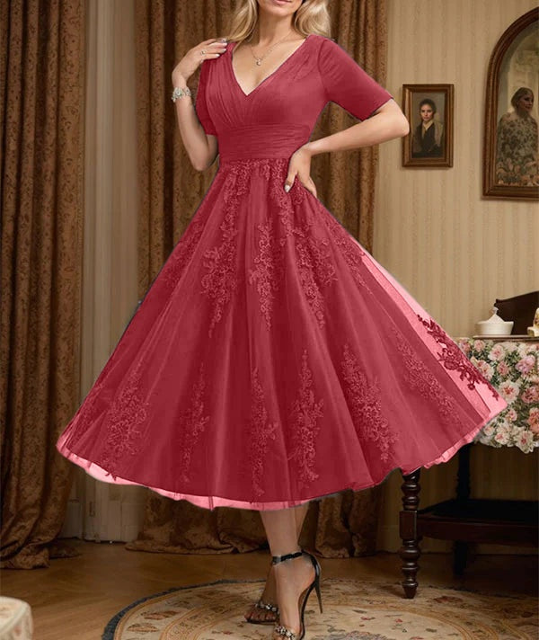A-line V-Neck Tea-Length Tulle Lace Mother of the Bride Dress With Pleated