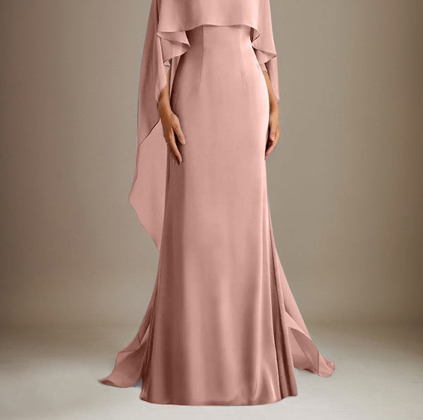 Sheath/Column Boatneck Floor-Length Chiffon Mother of the Bride Dress With Cascading Ruffles