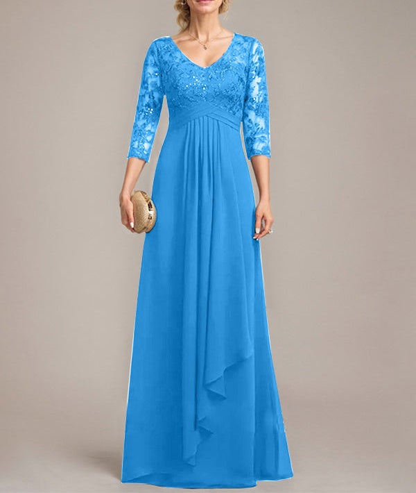 A-line V-Neck Floor-Length Lace Chiffon Mother of the Bride Dress With Cascading Ruffles Sequins