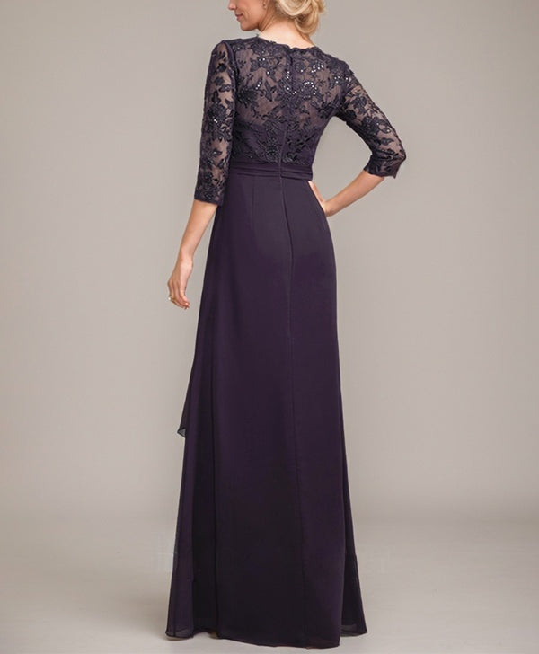 A-line V-Neck Floor-Length Lace Chiffon Mother of the Bride Dress With Cascading Ruffles Sequins