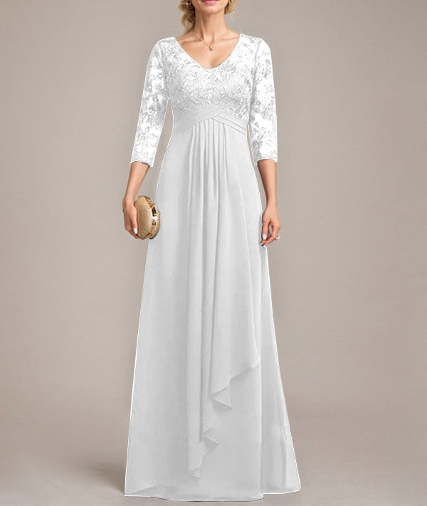 A-line V-Neck Floor-Length Lace Chiffon Mother of the Bride Dress With Cascading Ruffles Sequins