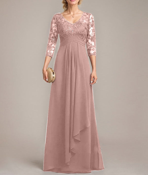 A-line V-Neck Floor-Length Lace Chiffon Mother of the Bride Dress With Cascading Ruffles Sequins