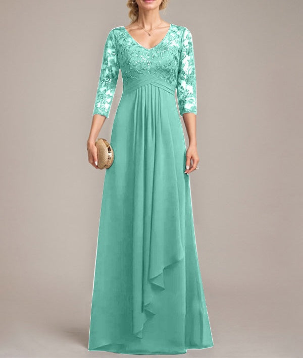 A-line V-Neck Floor-Length Lace Chiffon Mother of the Bride Dress With Cascading Ruffles Sequins