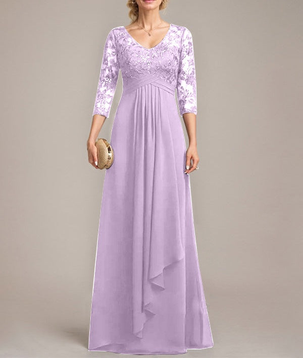 A-line V-Neck Floor-Length Lace Chiffon Mother of the Bride Dress With Cascading Ruffles Sequins