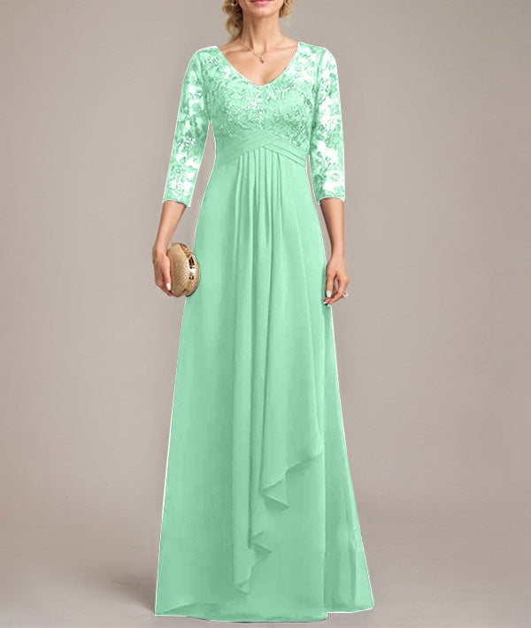 A-line V-Neck Floor-Length Lace Chiffon Mother of the Bride Dress With Cascading Ruffles Sequins