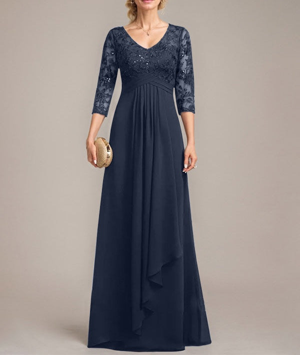A-line V-Neck Floor-Length Lace Chiffon Mother of the Bride Dress With Cascading Ruffles Sequins