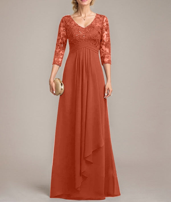 A-line V-Neck Floor-Length Lace Chiffon Mother of the Bride Dress With Cascading Ruffles Sequins