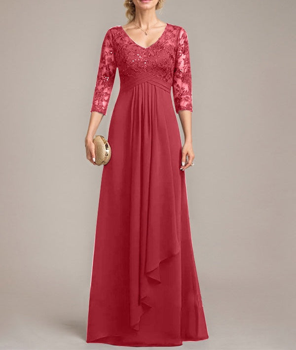 A-line V-Neck Floor-Length Lace Chiffon Mother of the Bride Dress With Cascading Ruffles Sequins