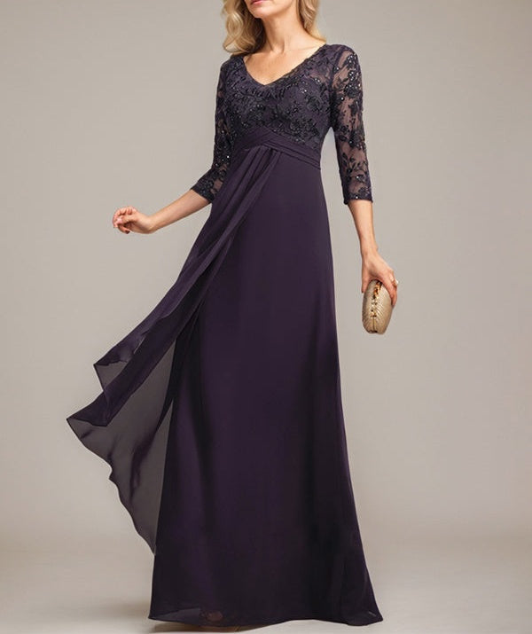A-line V-Neck Floor-Length Lace Chiffon Mother of the Bride Dress With Cascading Ruffles Sequins
