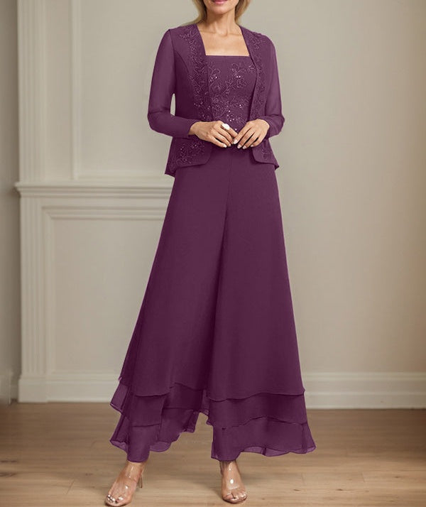 Separates Jumpsuit/Pantsuit Square Ankle-Length Lace Chiffon Mother of the Bride Dress With Sequins