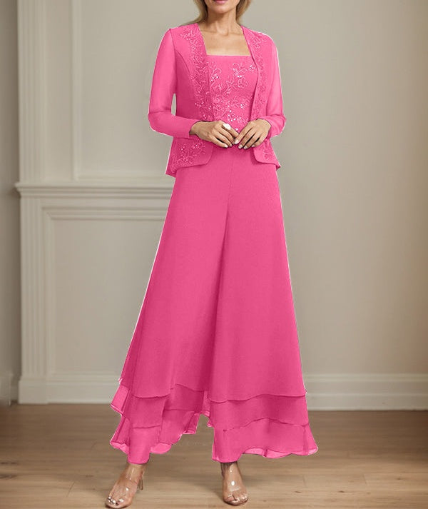 Separates Jumpsuit/Pantsuit Square Ankle-Length Lace Chiffon Mother of the Bride Dress With Sequins