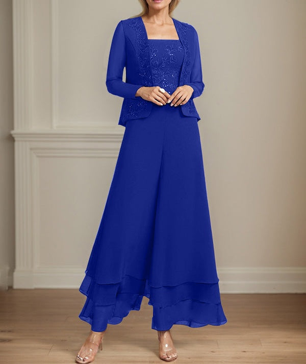 Separates Jumpsuit/Pantsuit Square Ankle-Length Lace Chiffon Mother of the Bride Dress With Sequins