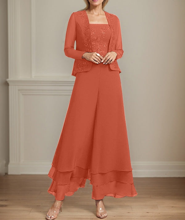 Separates Jumpsuit/Pantsuit Square Ankle-Length Lace Chiffon Mother of the Bride Dress With Sequins