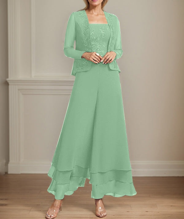 Separates Jumpsuit/Pantsuit Square Ankle-Length Lace Chiffon Mother of the Bride Dress With Sequins