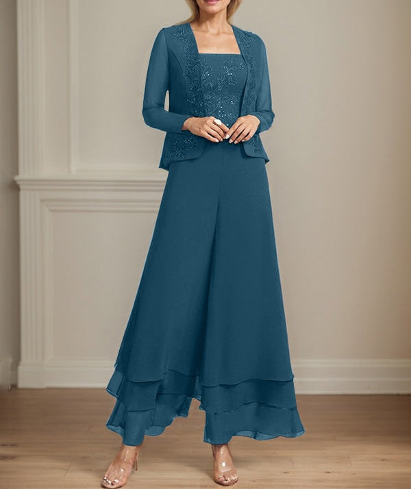 Separates Jumpsuit/Pantsuit Square Ankle-Length Lace Chiffon Mother of the Bride Dress With Sequins