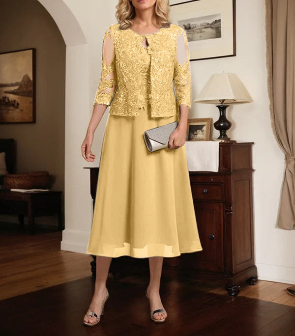A-line Scoop Tea-Length Lace Chiffon Mother of the Bride Dress With Sequins