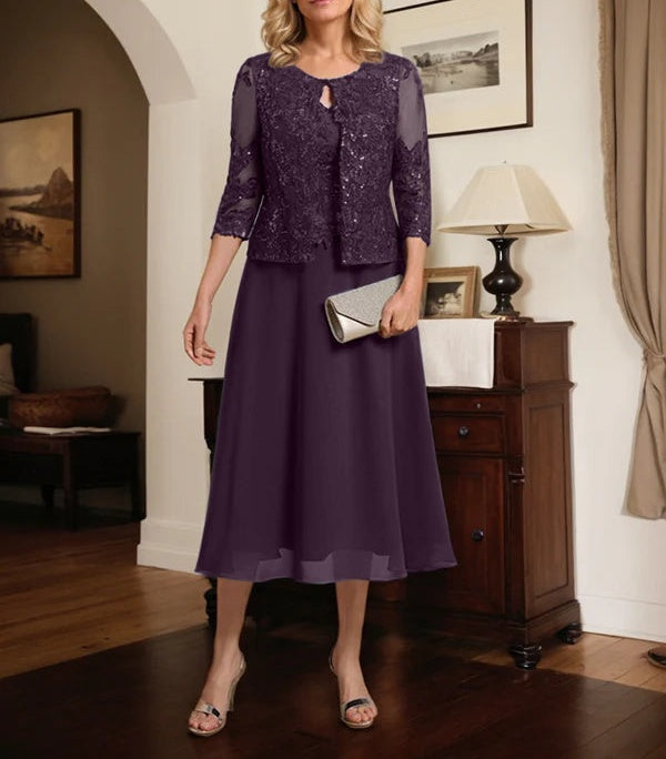 A-line Scoop Tea-Length Lace Chiffon Mother of the Bride Dress With Sequins